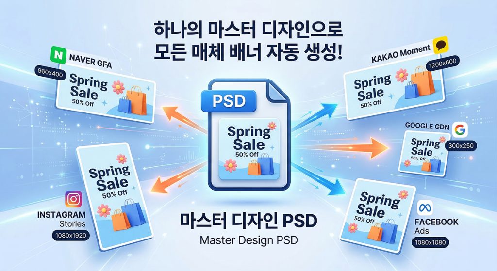 PSD 파일이 네이버, 카카오, 구글 등 사이즈가 제각각인 5~6개 정도의 광고 지면으로 리사이징되는 모습