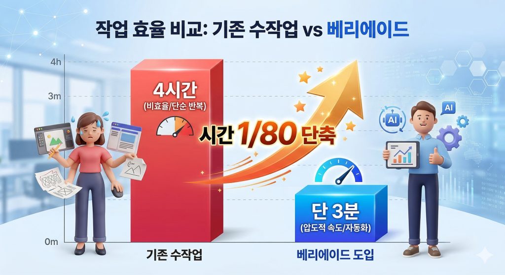 기존 수동 리사이징 4시간 대비 베리에이드 자동화 3분 소요 시간 비교 그래프