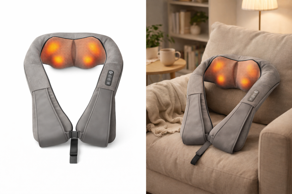 상세페이지 자동 생성에 활용되는 라이프스타일 어깨 마사자기 예시. 고객 사용 맥락을 보여주는 연출 컷