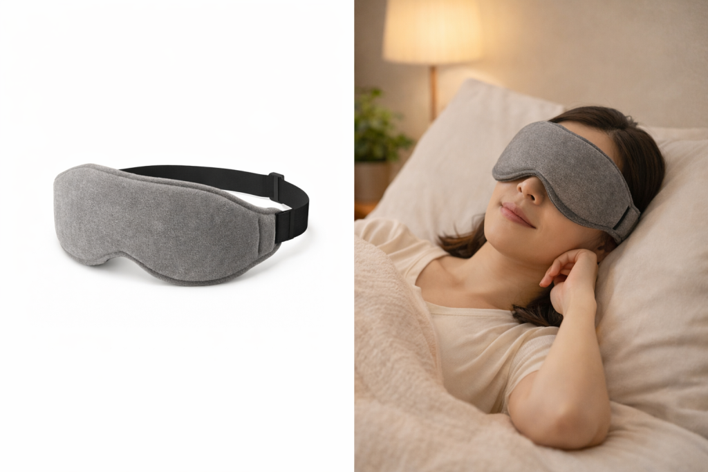 상세페이지 자동 생성에 활용되는 라이프스타일 수면 안대 제품 이미지 예시. 고객 사용 맥락을 보여주는 연출 컷